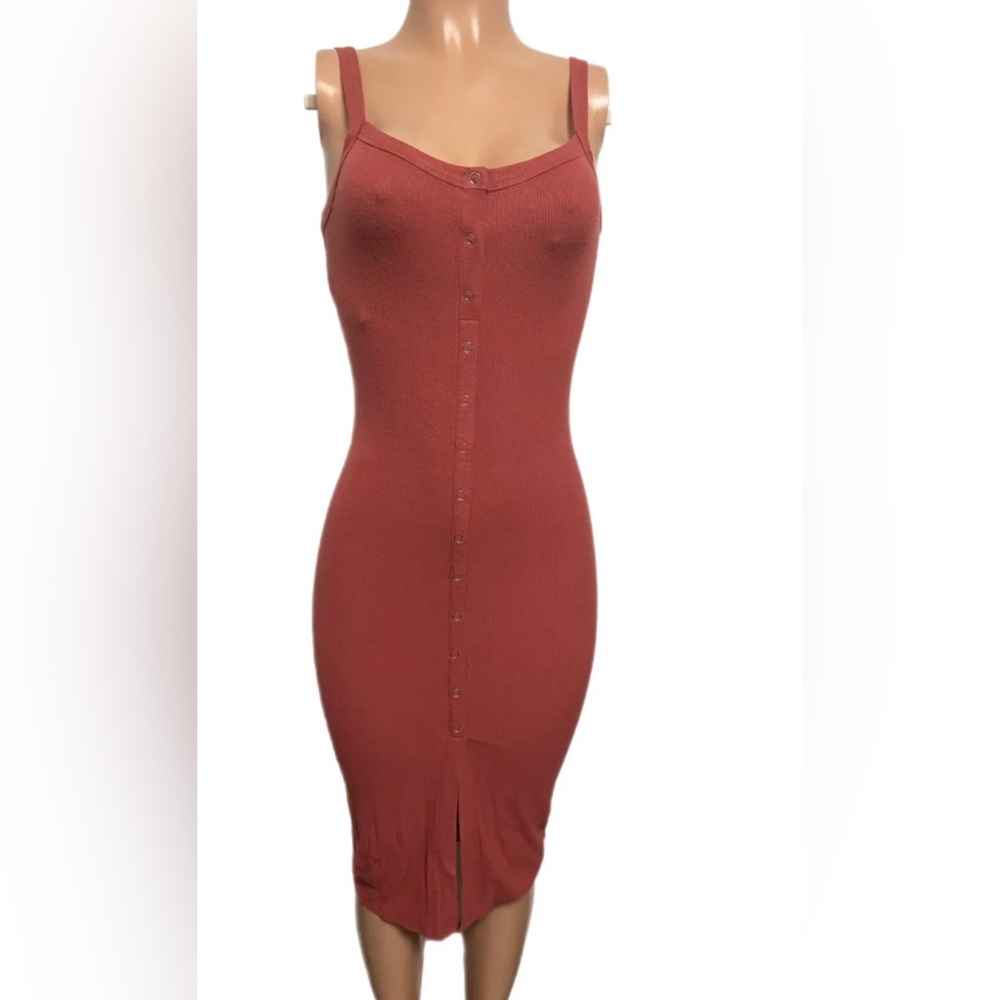 Sexy mauve Faux button Front Stretch Ribbed Casual tank midi low cut dress new